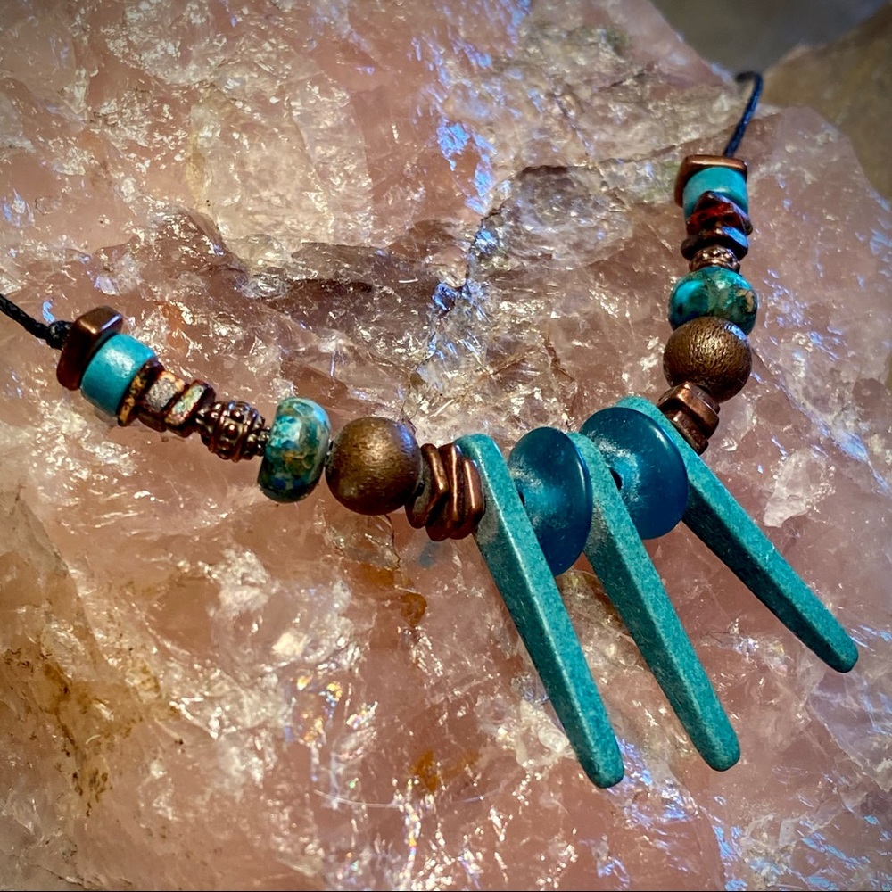 Mykonos Spike Bead Necklace: Teal Blue & Bronze Gemstone Necklace on Cord 16"